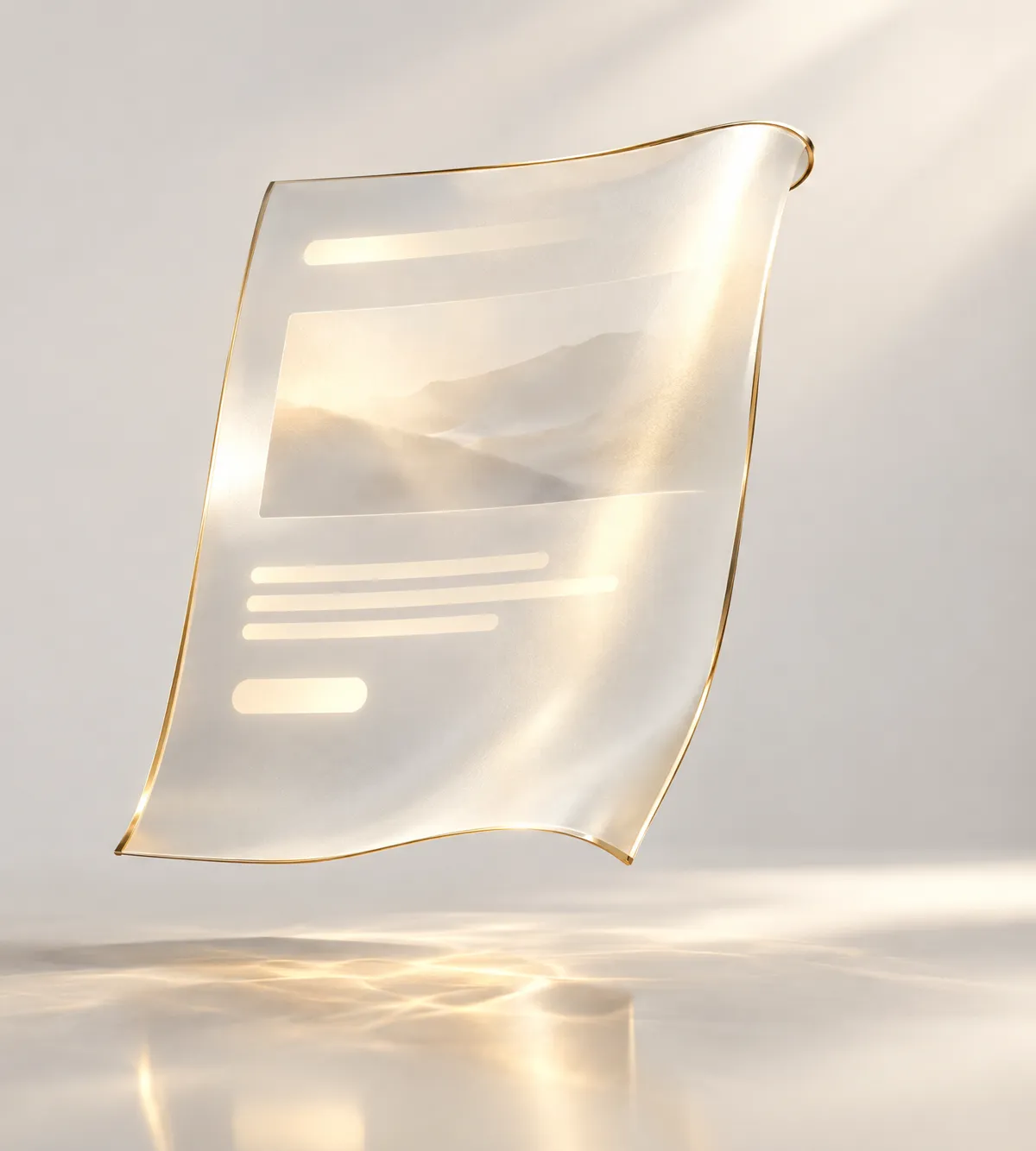 A floating sheet of frosted glass with a gold edge, showing a website layout